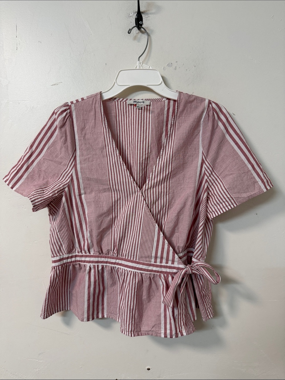 Madewell Pink and White Striped Wrap Peplum Top